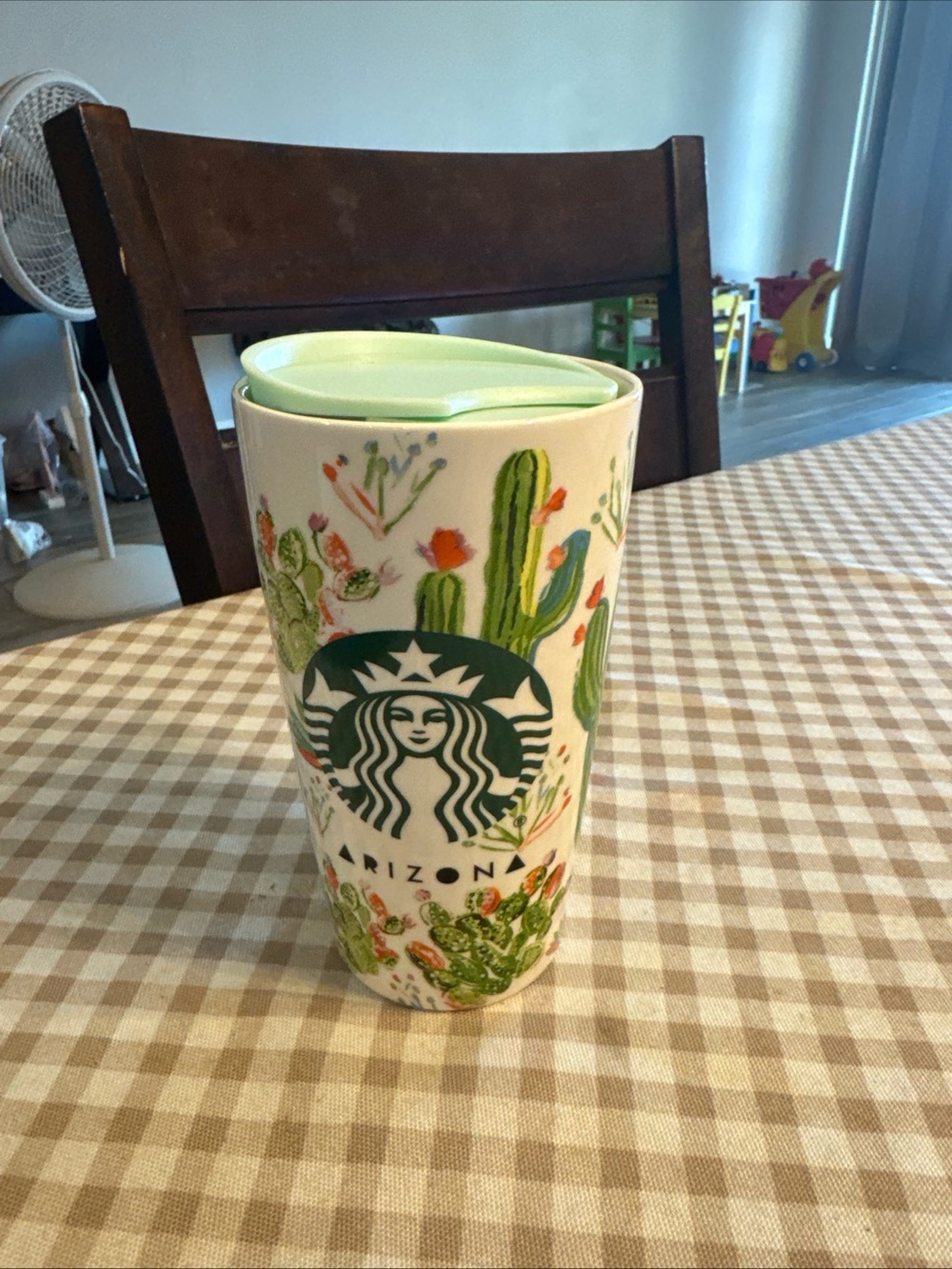Starbucks White Ceramic Tumbler with Green Cactus Artwork and Mint Lid